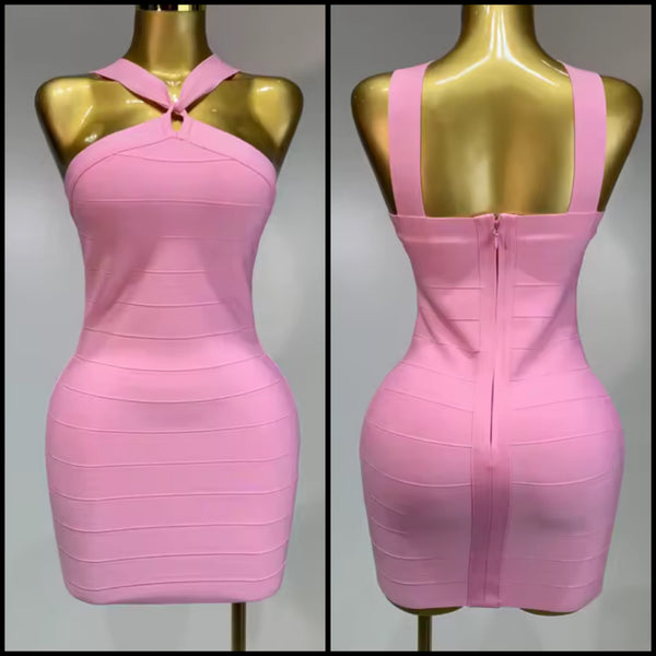Women Sexy Pink Halter Sleeveless Bandage Dress