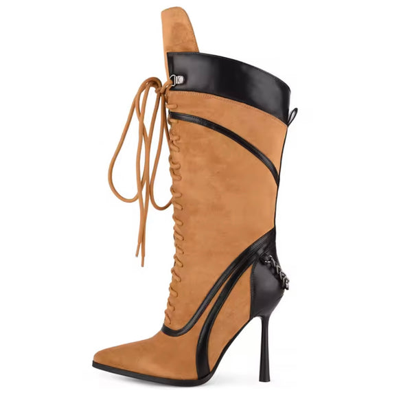 Women Suede Pointed Toe Tie Up Chain High Heel Boots