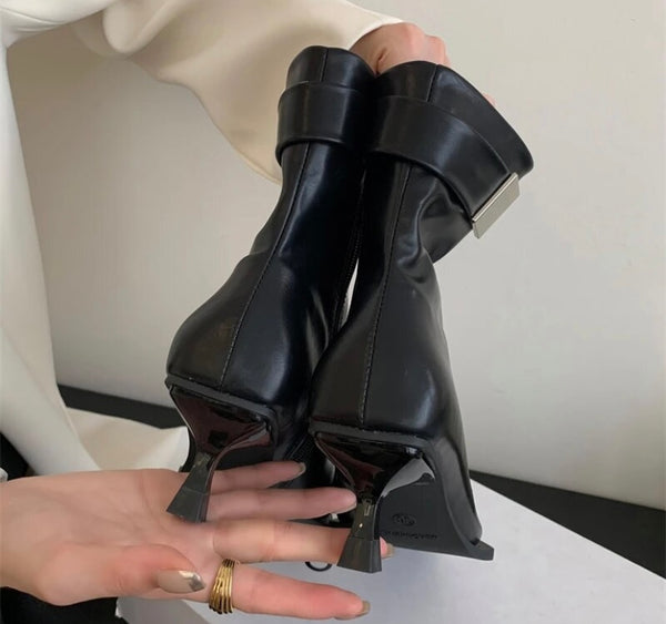 Women Black Pointed Toe Buckled Fashion Ankle Boots