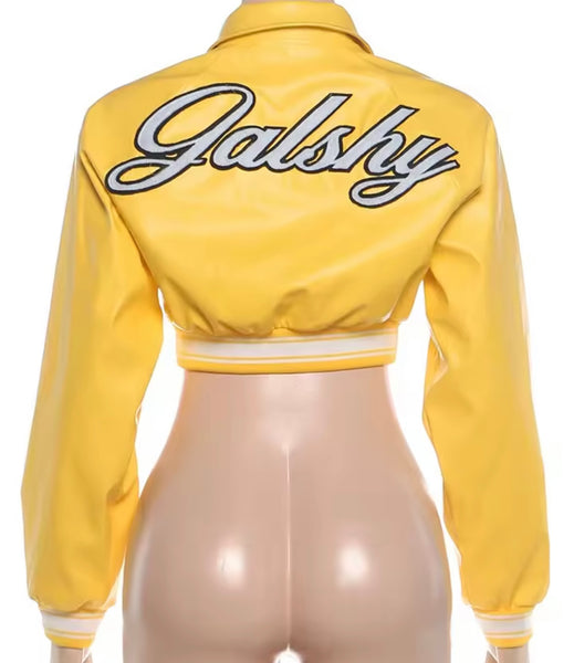 Women Fashion Yellow Letter Print Faux Leather Crop Jacket