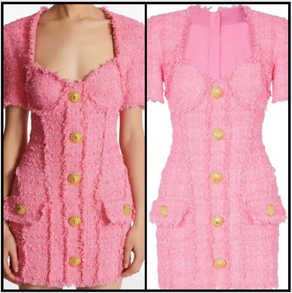 Women Sexy Pink Button Up Short Sleeve Tweed Dress