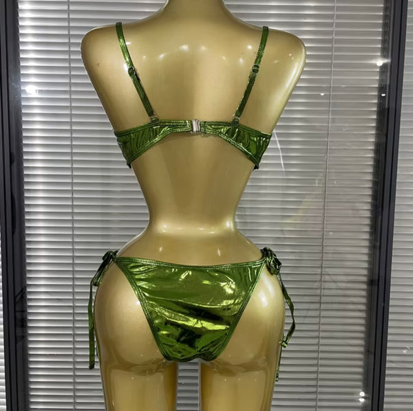 Women Sexy Shiny Rhinestone Green Bikini Swimsuit