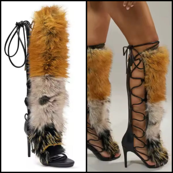 Women Fashion Multicolored Faux Fur Knee High Heels