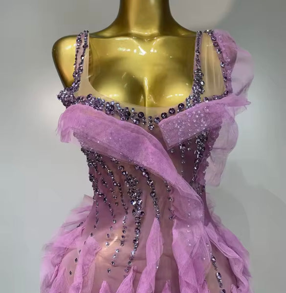 Women Sexy Lavender Ruffled Bling Sleeveless Tassel Dress