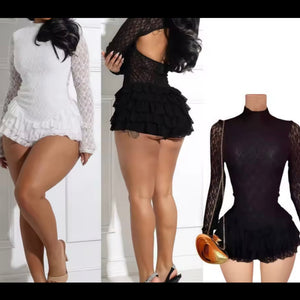 Women Sexy Full Sleeve Open Back Ruffled Lace Romper