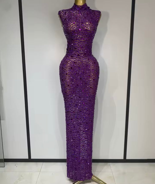 Women Sexy Sleeveless Color Crystal Mesh Maxi Dress