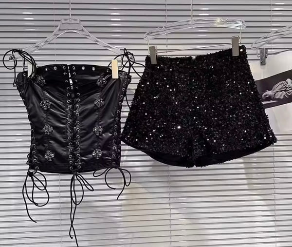 Women Sexy Strapless Sequins Corset Two Piece Short Set