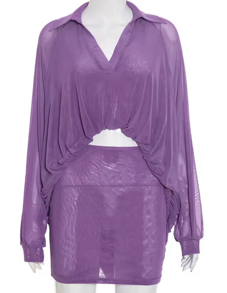 Women Sexy Mesh Full Sleeve Two Piece Skirt Set