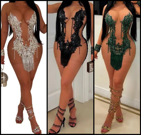 Women Sexy Mesh Bling Sleeveless Tassel Dress