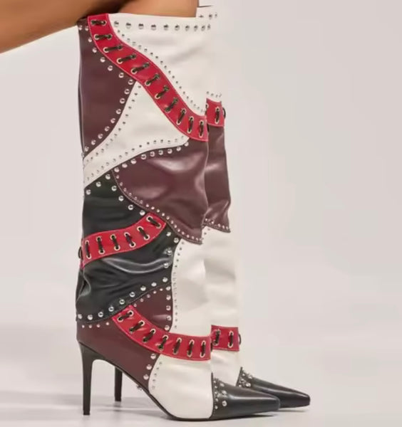 Women Fashion Pointed Toe Color Patchwork Knee High Boots