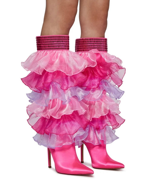 Women Pointed Toe Ruffled Mesh Sequins Knee High Boots