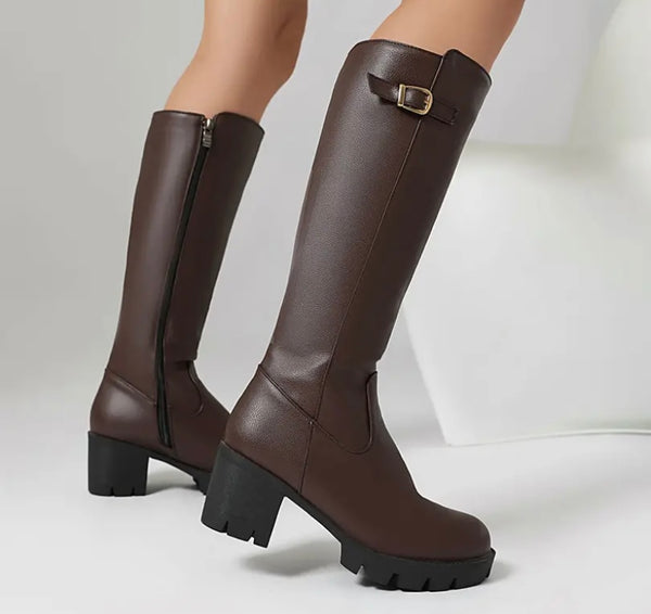 Women Fashion Round Toe Buckled Faux Leather Knee High Boots