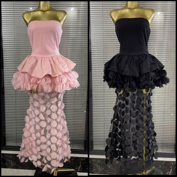 Women Sexy Strapless Ruffle Floral Mesh Patchwork Maxi Dress