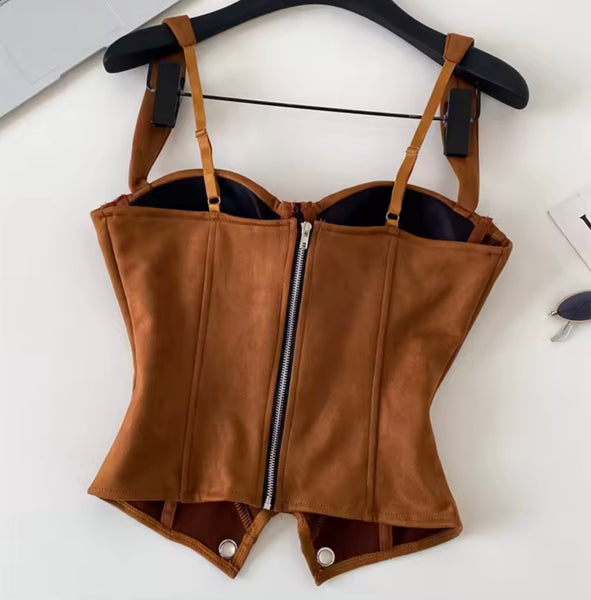 Women Brown Sleeveless Suede Top
