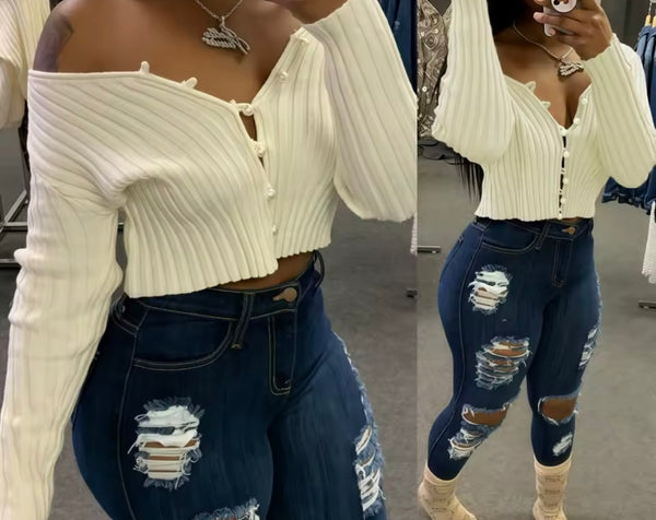 Women Pearl Button Up Ribbed Full Sleeve Fashion Crop Top