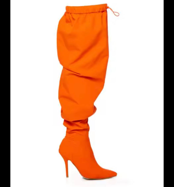 Women Fashion Orange Ruched Drawstring Over The Knee Boots