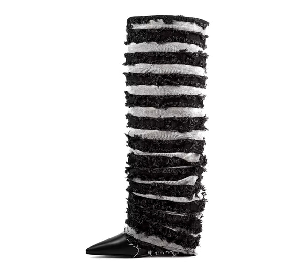 Women Pointed Toe Color Patchwork Fringe Platform Boots