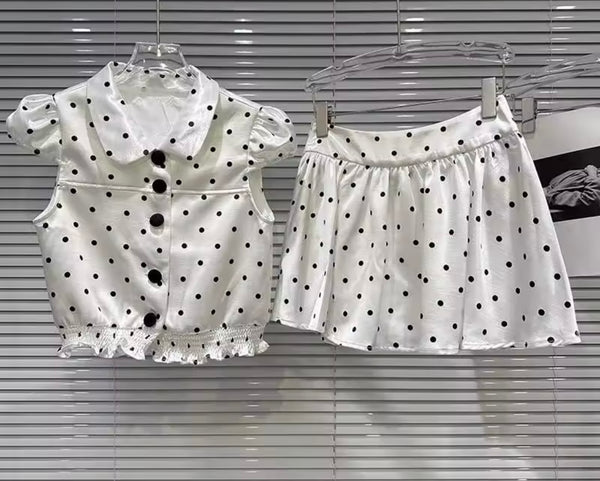 Women Button Up Polka Dot Short Sleeve Two Piece Skirt Set