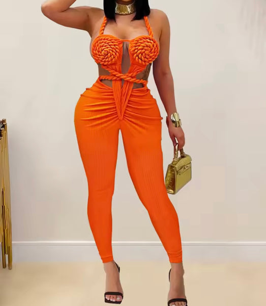 Women Sexy Halter Sleeveless Rope Ruched Jumpsuit