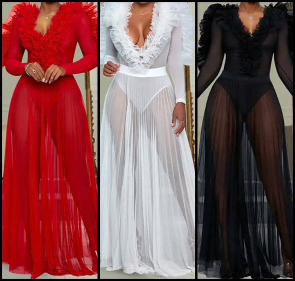 Women Sexy Full Sleeve Ruffled Mesh Maxi Dress