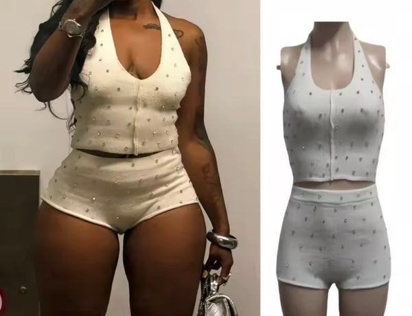 Women White Halter Sleeveless Bling Two Piece Short Set