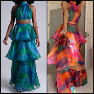 Women Sexy Sleeveless Colorful Ruffled Two Piece Skirt Set