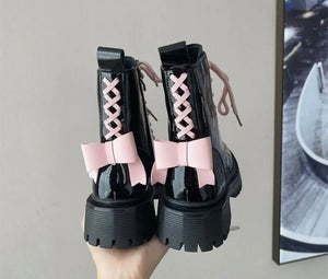 Women Fashion Patent Leather Color Patchwork Bow Ankle Boots