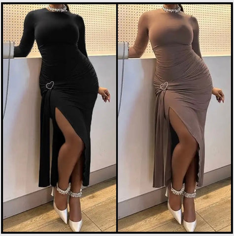 Women Sexy Solid Color Full Sleeve Bling Heart Maxi Dress