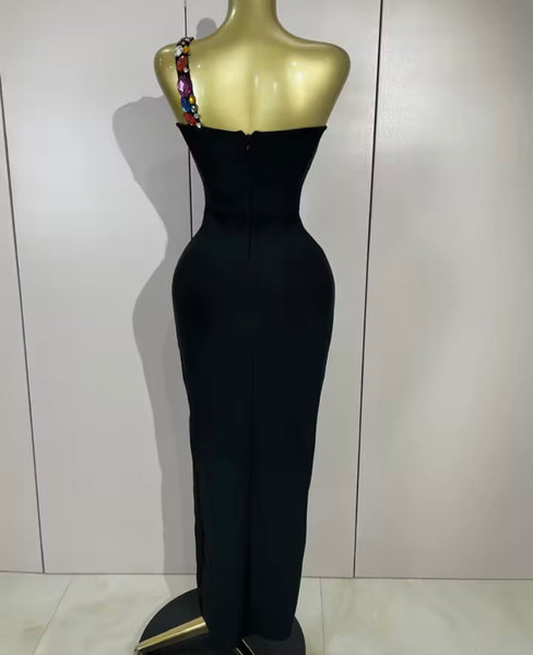 Women Black One Shoulder Sleeveless Colorful Crystal Maxi Dress