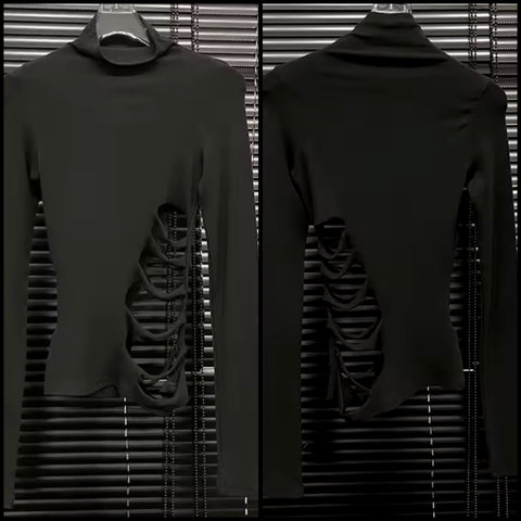 Women Black Turtleneck Full Sleeve Cut Out Top