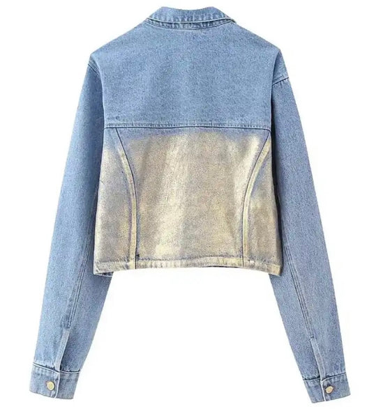 Women Fashion Metallic Patchwork Two Piece Denim Jacket Skirt Set