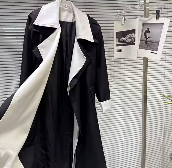 Women B&W Fashion Double Layer Turn Down Collar Trench Jacket
