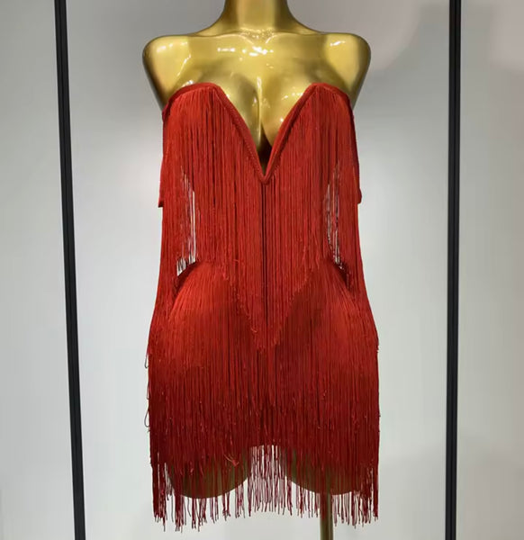 Women Sexy Strapless Solid Color Fringe Tassel Dress
