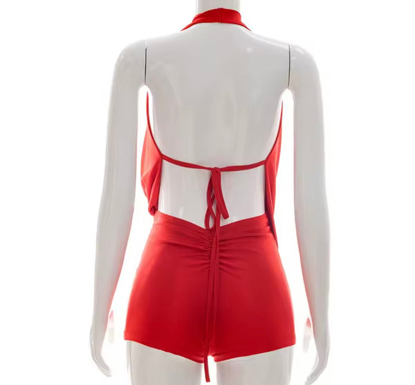 Women Sexy Draped Halter Open Back Sleeveless Romper