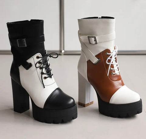 Women Fashion Color Patchwork Lace Up Platform Ankle Boots