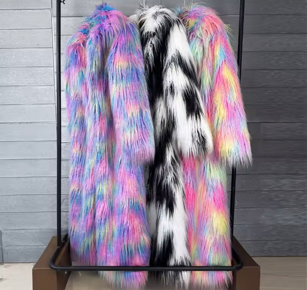 Women Fashion Multicolored Faux Fur Long Trench Jacket