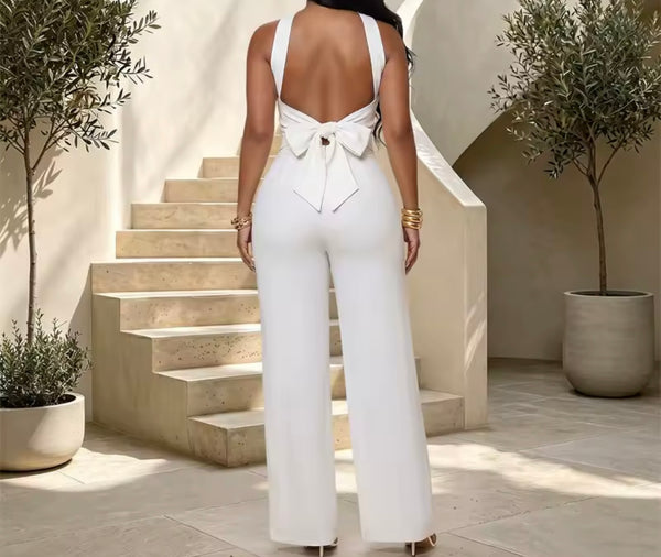 Women Halter Sleeveless Bow Open Back Two Piece Pant Set