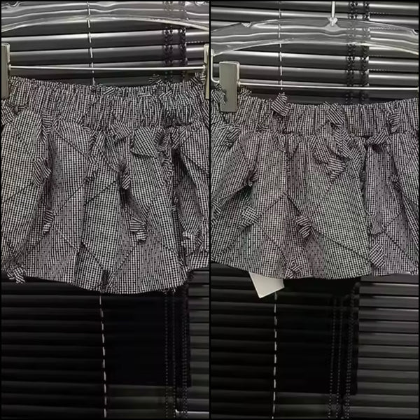 Women Fashion B&W Plaid Bow Short Skirt