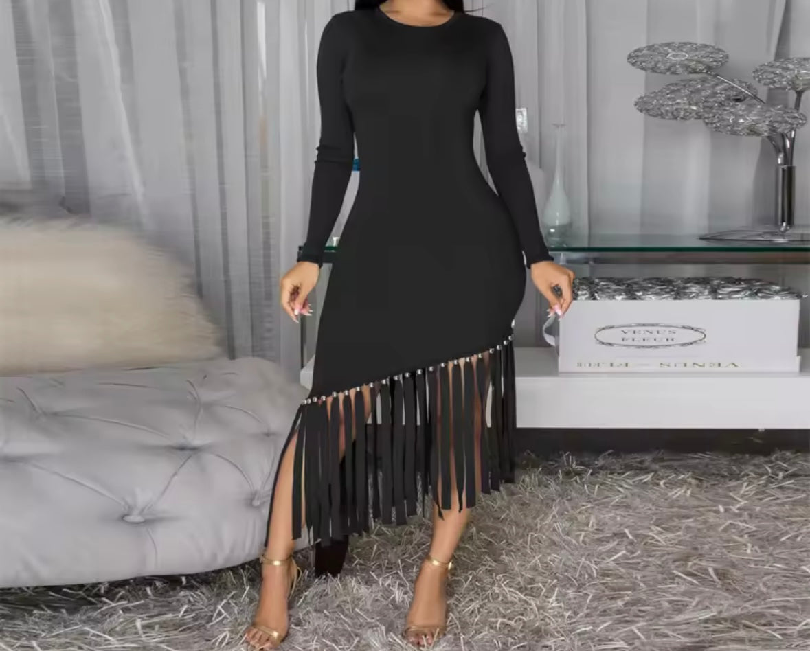 Women Sexy Solid Color Full Sleeve Fringe Tassel Dress
