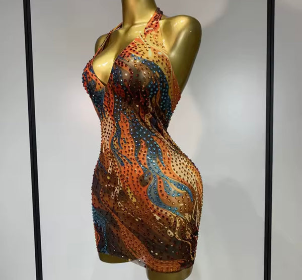 Women Multicolored Rhinestone Halter Sleeveless Mesh Dress
