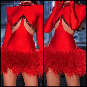 Women Sexy Red Crystal Feather Full Sleeve Dress