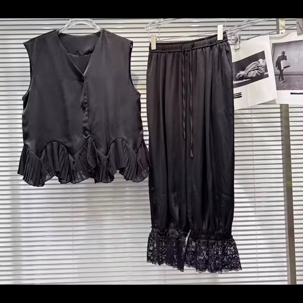 Women Black Button Up Ruffled Sleeveless Two Piece Pant Set