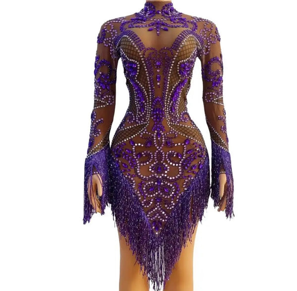 Women Sexy Purple Beaded Crystal Full Sleeve Tassel Mesh Dress