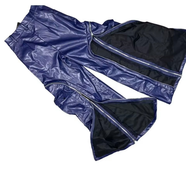 Women Fashion Color Zipper Cargo Faux Leather Pants