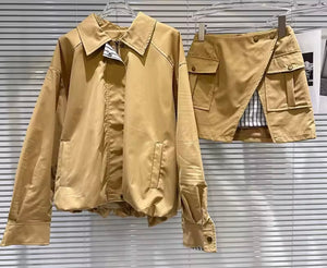 Women Fashion Khaki Jacket Two Piece Cargo Skirt Set