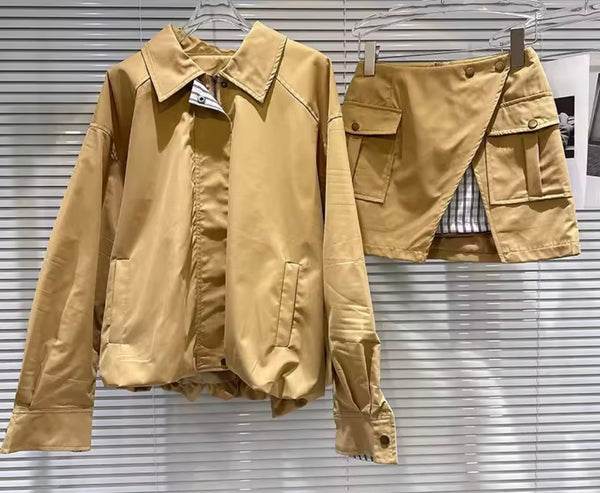 Women Fashion Khaki Jacket Two Piece Cargo Skirt Set