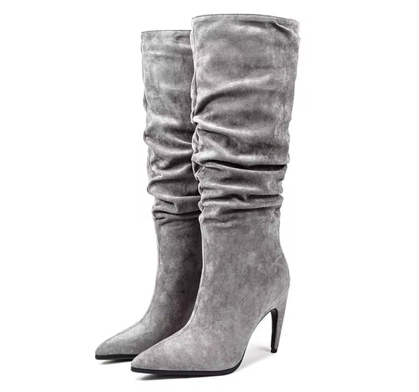 Women Fashion Ruched Suede Knee High Boots