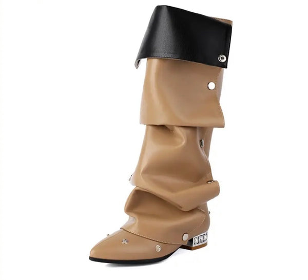 Women Fashion Flat Button Knee High Boots