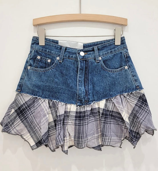 Women Sexy Fashion Color Plaid Denim Skirt