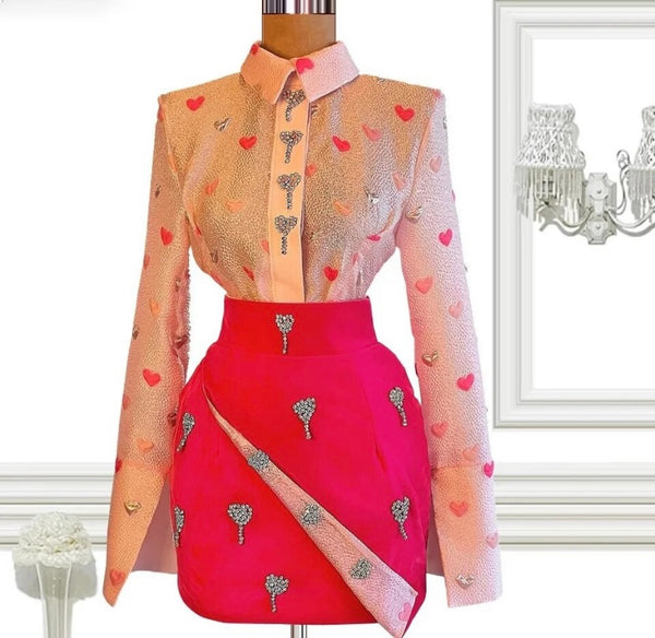 Women Sexy Heart Print Bling Button Up Two Piece Skirt Set